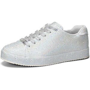 Lucky Step Silver Rhinestone Pewter Bridal Bling Glitter Bedazzled Shiny Sneaker